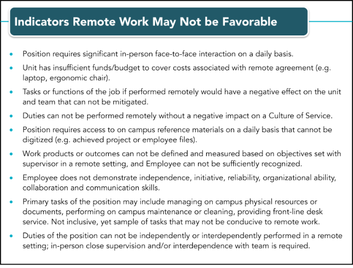 Indicators remote work may not be favourable are listed.